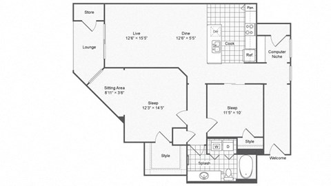 Floor plan for 1 bed, 1 bath, 1168 sqft